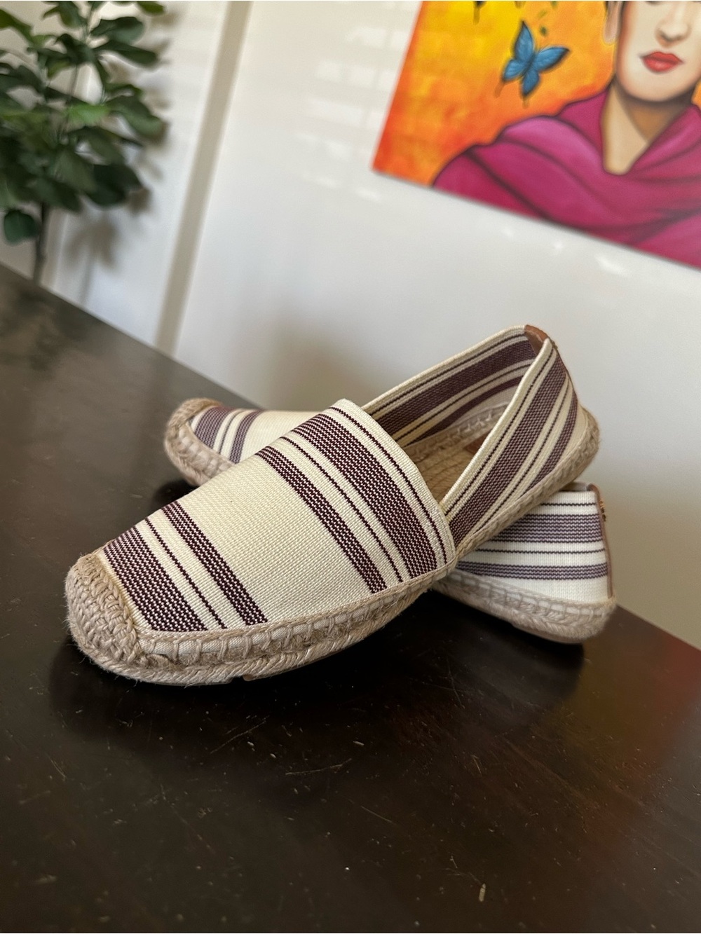 Tory Burch Cream and Brown Striped Espadrilles